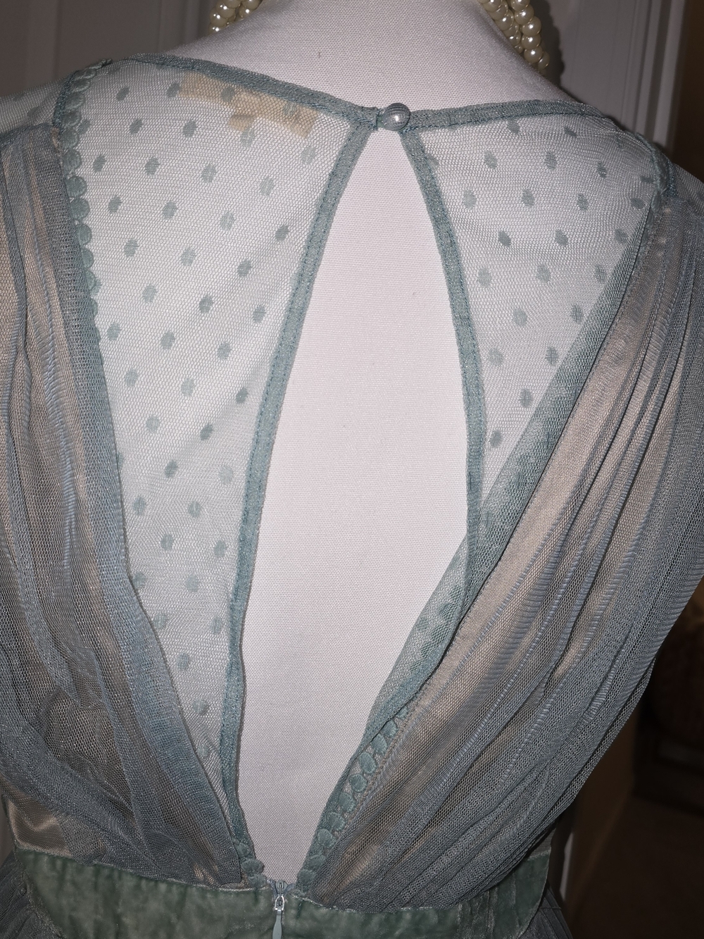 Powder Blue Sheer Tulle Cocktail Dress with Velvet Waistband Tan Underslip Large - Picture 10 of 16
